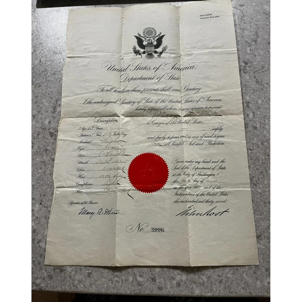1907 US Passport certificate Department of State seal & signed by Elihu Root
